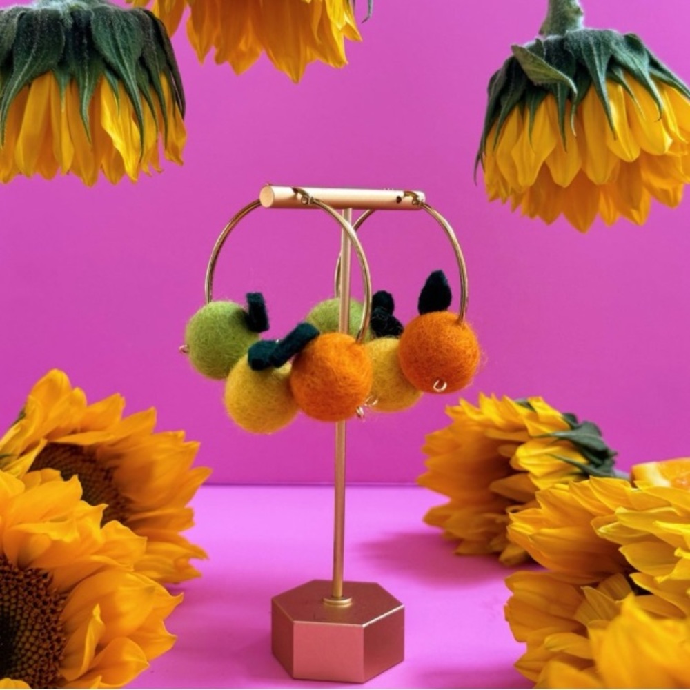 Fruity Poms Citrus Hoops Gold Earrings Fruit Fun Lime Lemon Orange Handmade